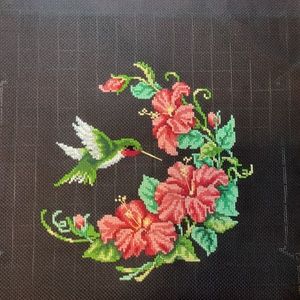 Cross stitch hummingbird floral red pink salmon picture tapestry wall green